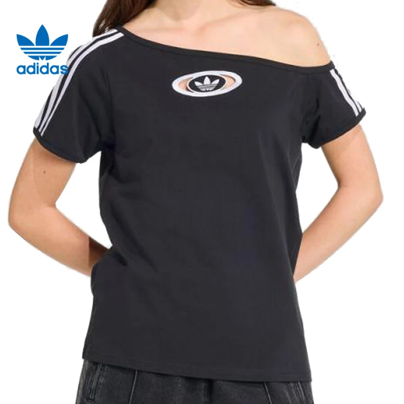 adidas阿迪三叶草女子OFFSHOULDER TEE针织无领短T恤KC8796