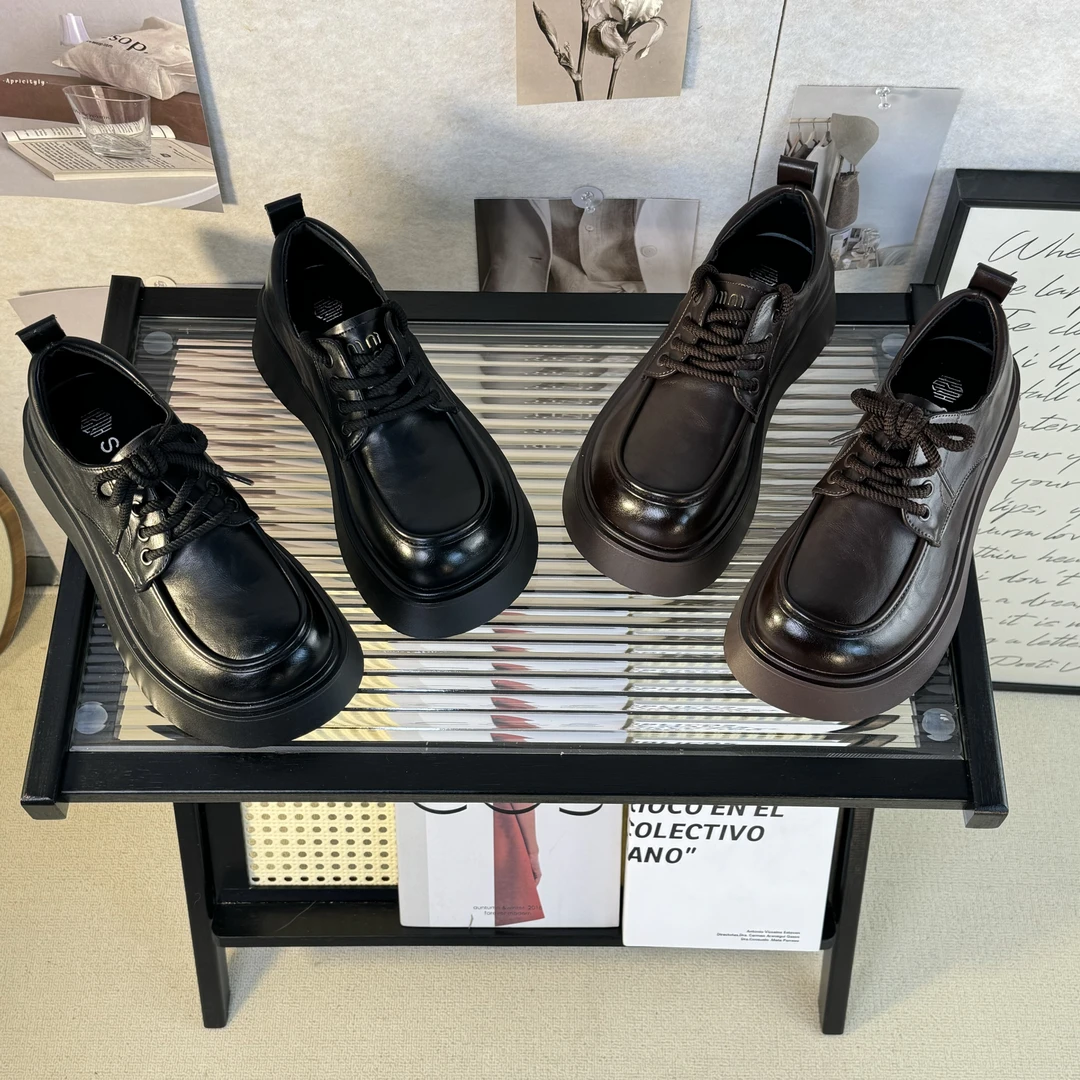 【高品质】厚底增高小皮鞋女2025春季新款百搭舒适轻便防滑系带皮鞋