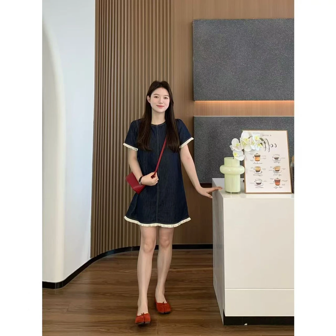 小羽酱小个子定制夏季复古时尚薄款宽松圆领短袖花边牛仔连衣裙