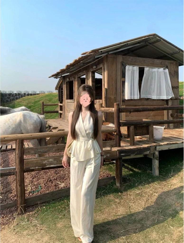 鹤梦花枝夏季新款简约气质休闲上衣高腰阔腿长裤套装