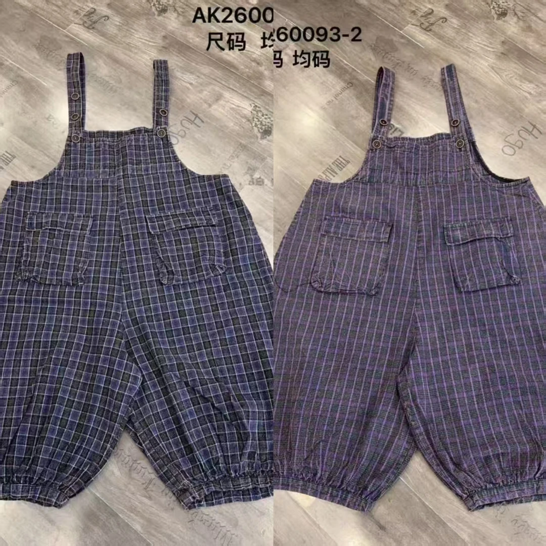 粗麻布格子格纹休闲背带短裤唐汉布衣新款D