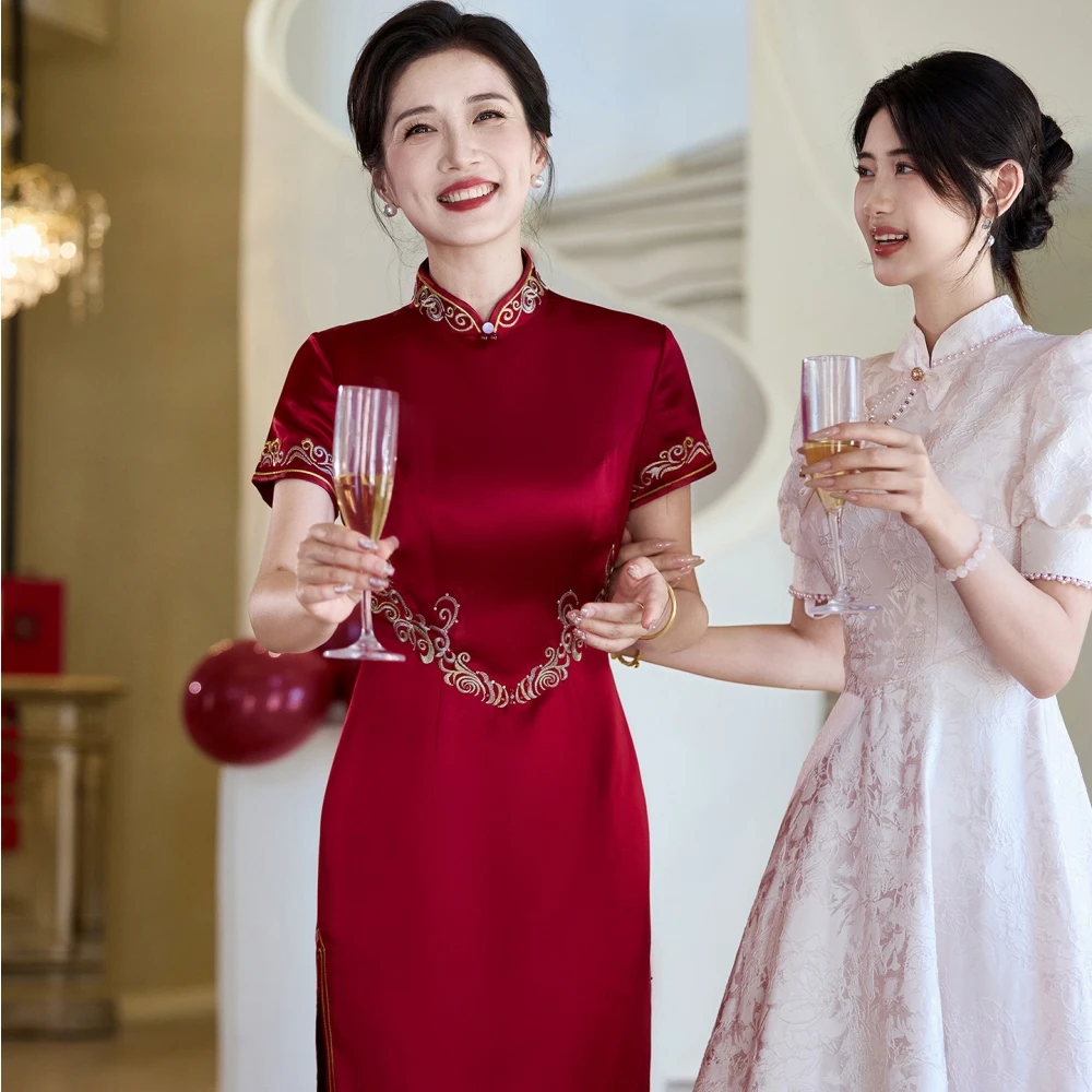 喜婆婆醋酸旗袍高级感妈妈婚礼礼服婚宴装大码结婚喜服高端夏季