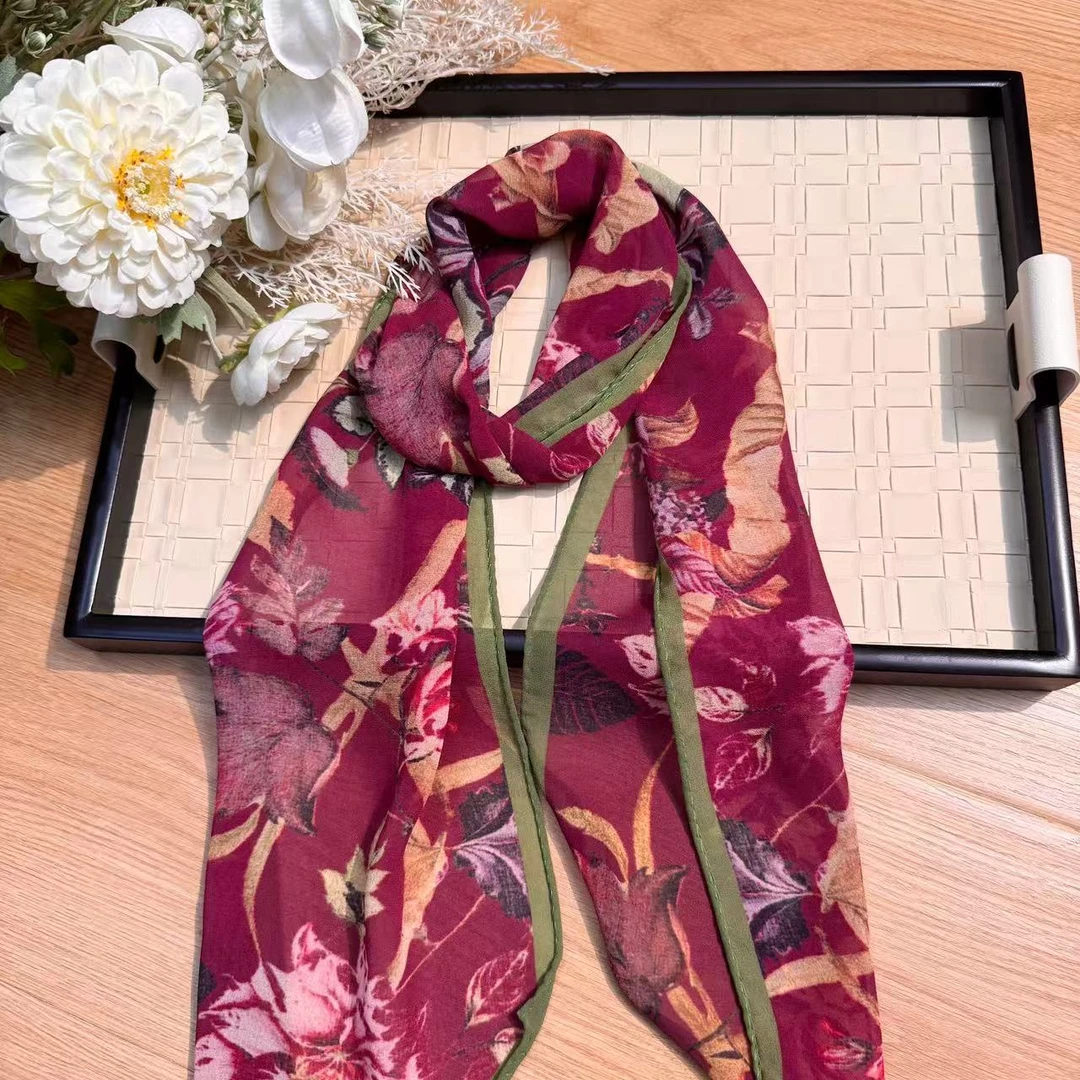 【紫蔓窄版】乔其160*20飘带手工边高级气质漂亮高级丝巾披肩防嗮