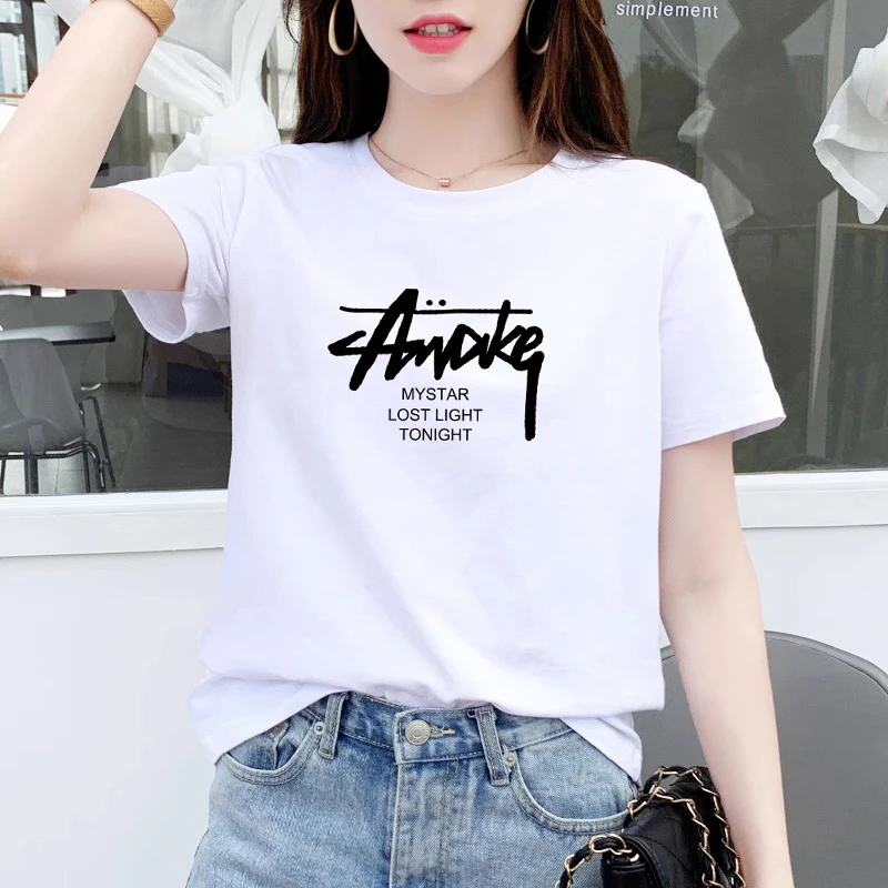 白色宽松短袖t恤女夏季新款时尚印花设计半袖正肩圆领百搭上衣女