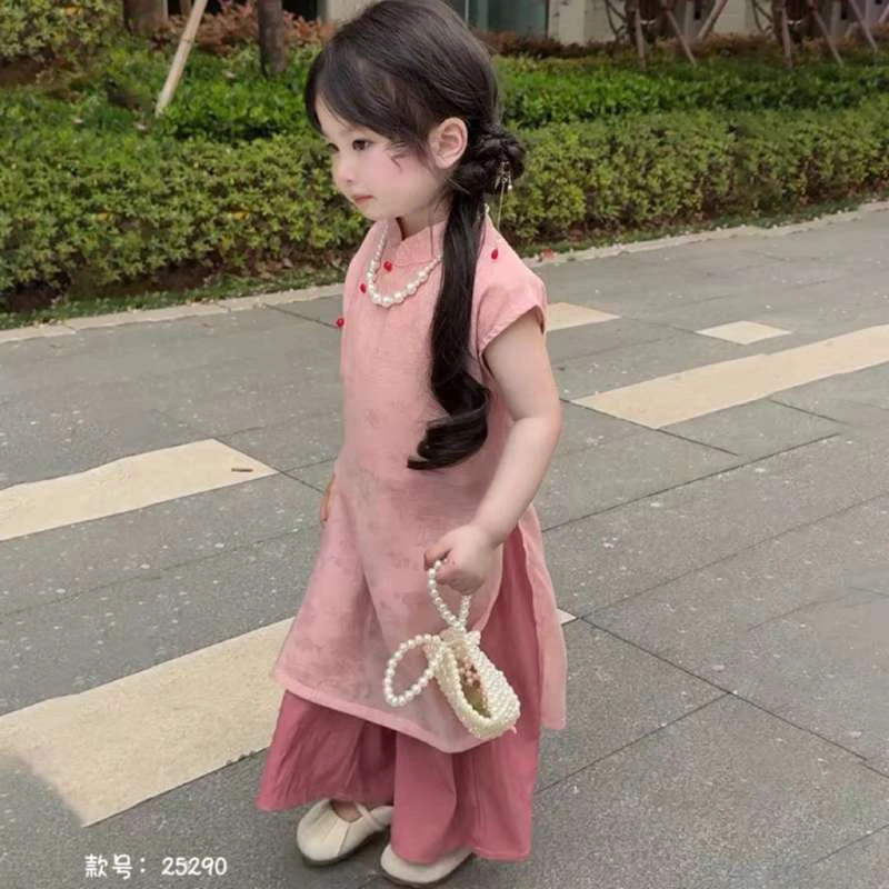 女童新中式套装2025新款夏季儿童古风国风旗袍裙女宝宝洋气连衣裙