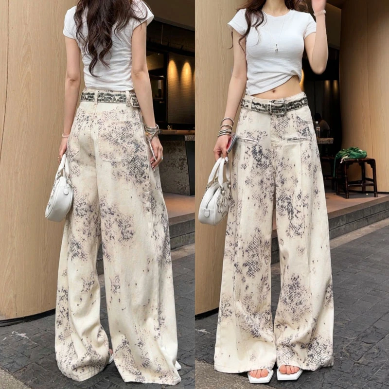 30090复古美式牛仔2025年春季新款蛇年图案洗水软牛仔垂感阔腿裤