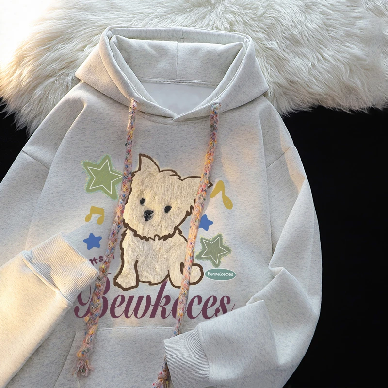 新款连帽套头卫衣女秋冬宽松重磅贴布刺绣发泡印花加绒上衣外套