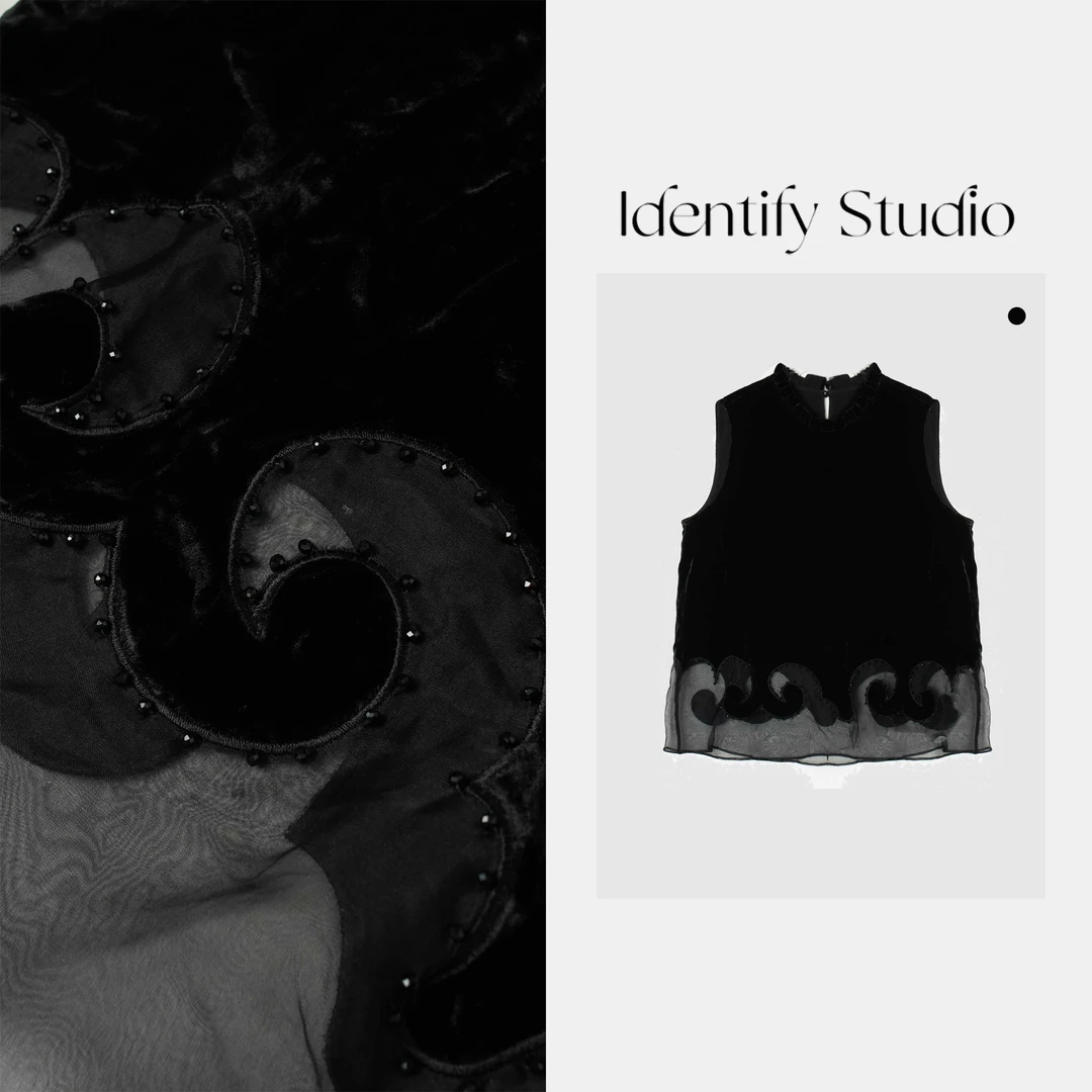 IDENTIFY"布拉妮"夏季新款时尚气质拼接真丝丝绒无袖马甲上衣25SS