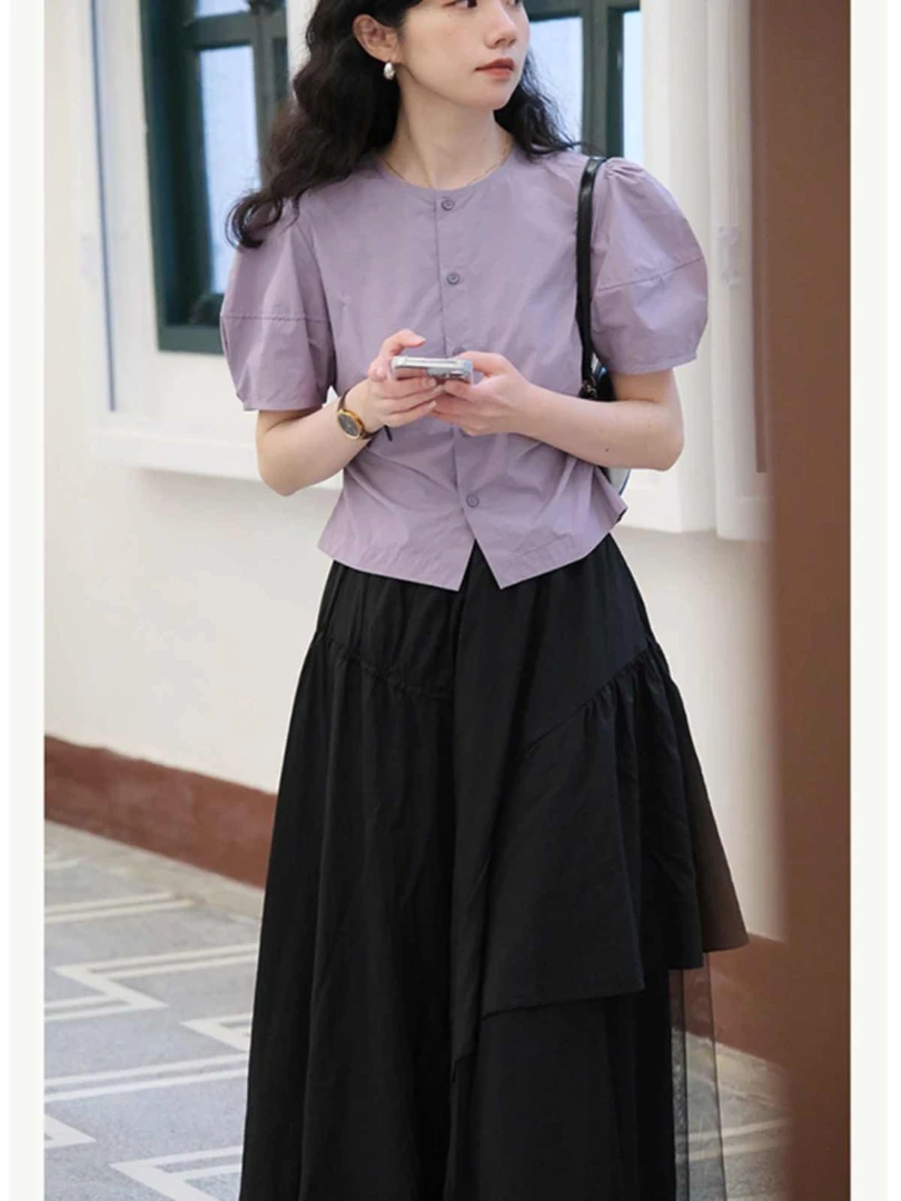 韩系时尚圆领泡泡袖衬衫女装2025夏季新款单排扣显瘦百搭短袖上衣