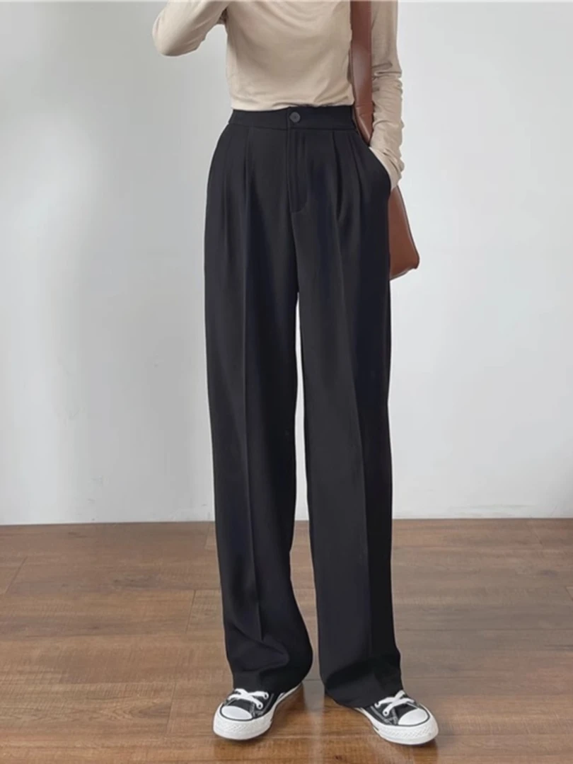 大码黑色西装裤女胖mm高腰宽松阔腿显瘦直筒遮垮显瘦夏薄款休闲裤