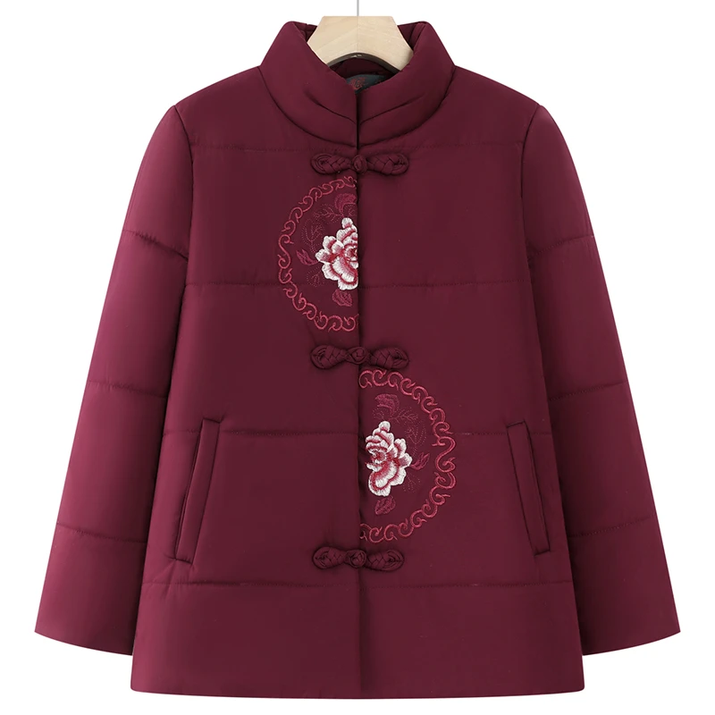 中老年人冬季保暖棉衣妈妈装加绒绣花立领棉服老人衣服奶奶装棉袄