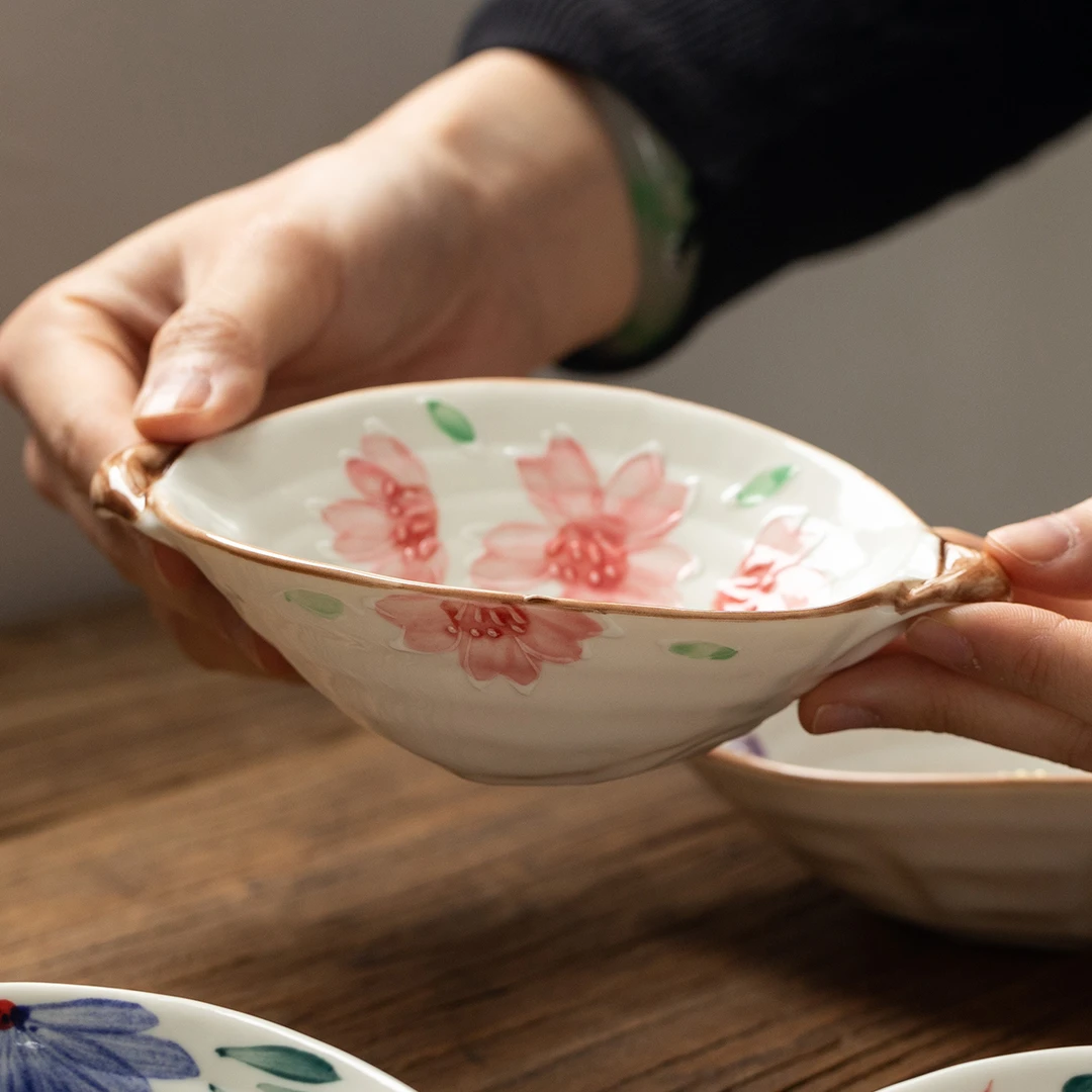 日式手绘釉下彩餐具樱花双耳碗家用零食盘茶点干果碟蘸料碗骨碟