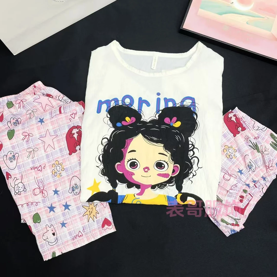三件套盐酷风卡通猫咪印花短袖短裤长裤夏季慵懒风套装家居服401
