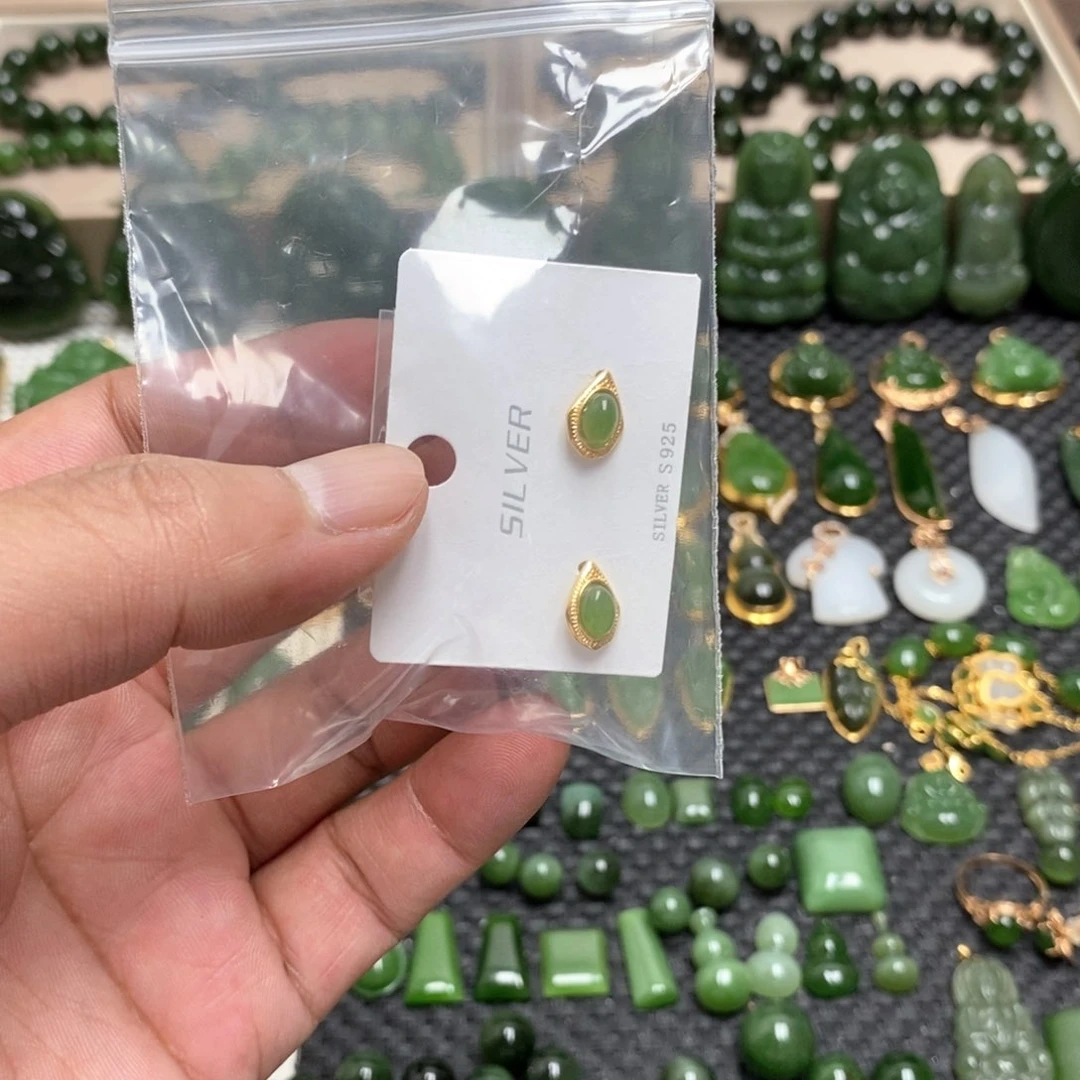 和田玉（碧玉）银S925镶嵌耳饰C*y