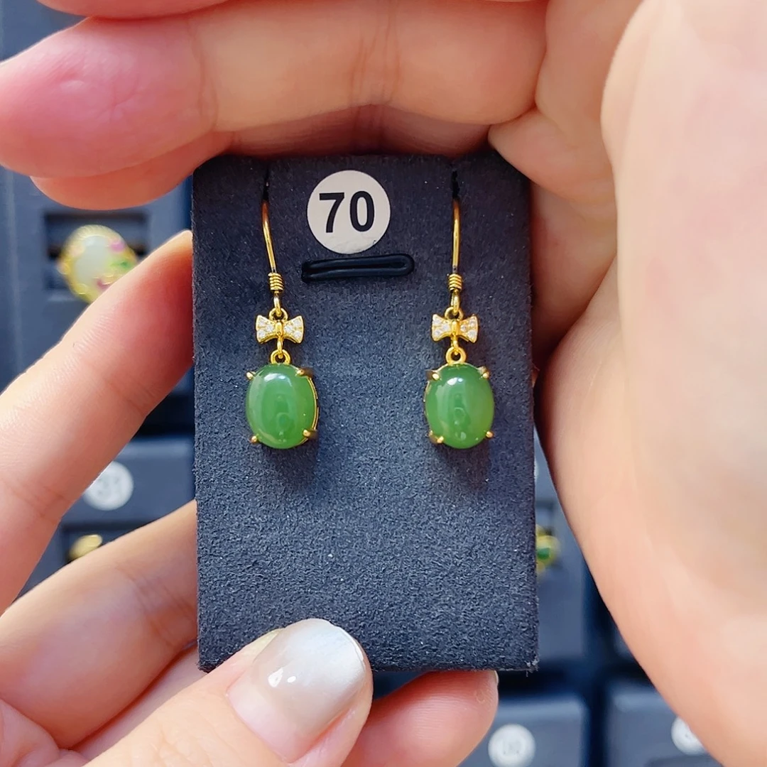 和田玉银S925镀金镶嵌耳饰