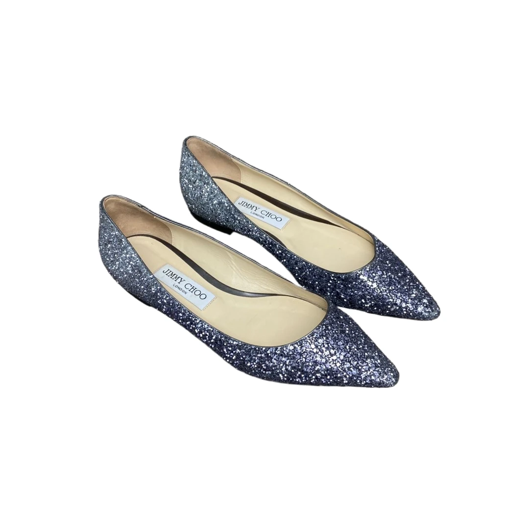 95新 JIMMY CHOO/吉米周 37.5码  蓝色亮片平底鞋  re8403
