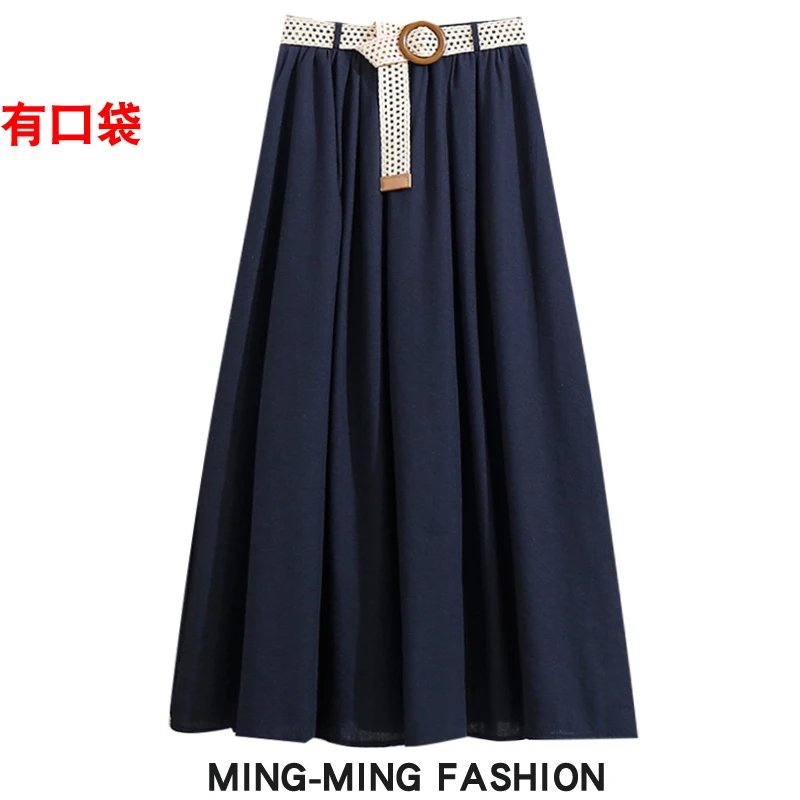 复古编织带亚麻大摆半身裙夏季2025新款高腰显瘦A字中长裙子口袋