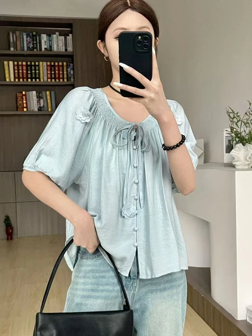 101-新款时尚显瘦设计感衬衫棉洋气甜美夏季韩版衬衣泡泡袖短袖