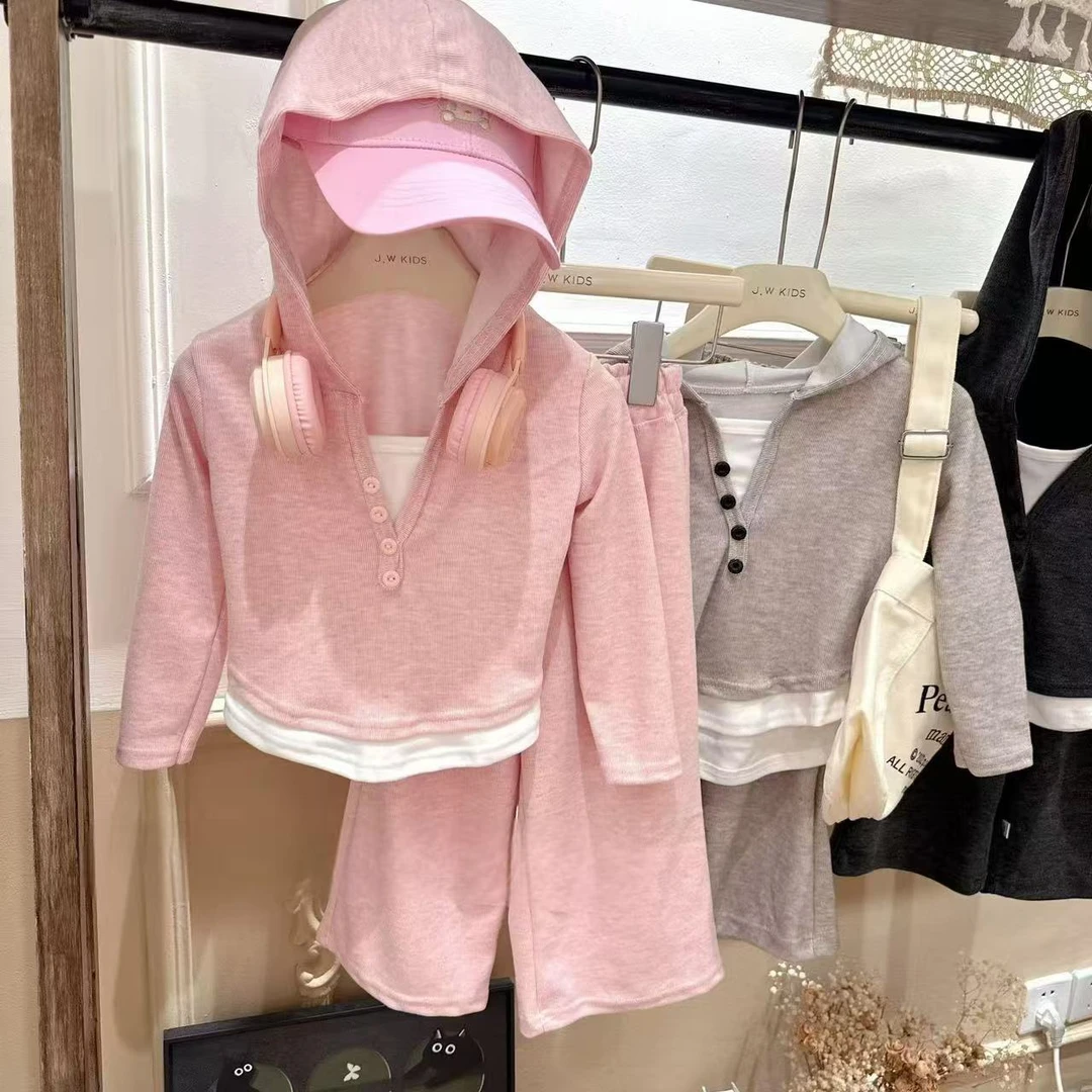 慕斯绒时尚两件连帽打底衫+阔腿裤两件套韩版