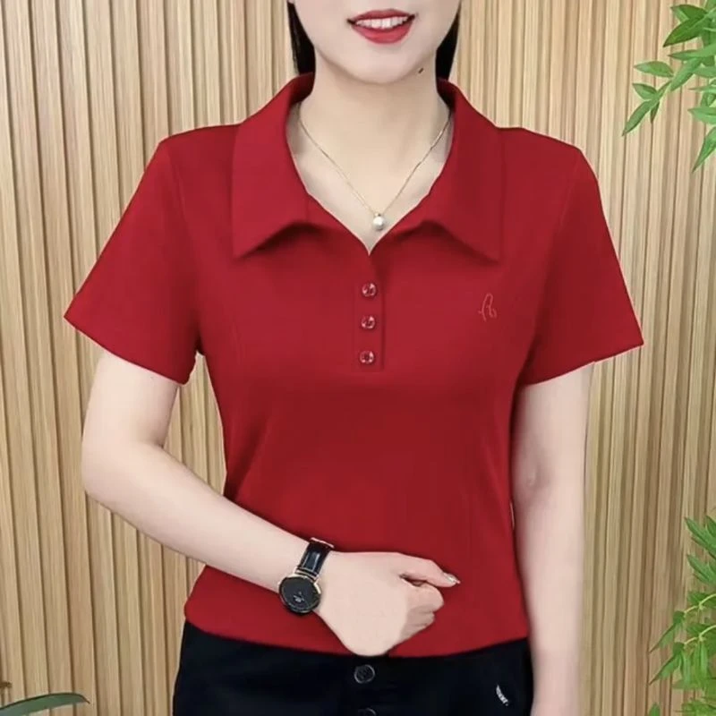 853红色夏季T恤女简约新款时尚POLO短袖洋气宽松显瘦翻领减龄上衣