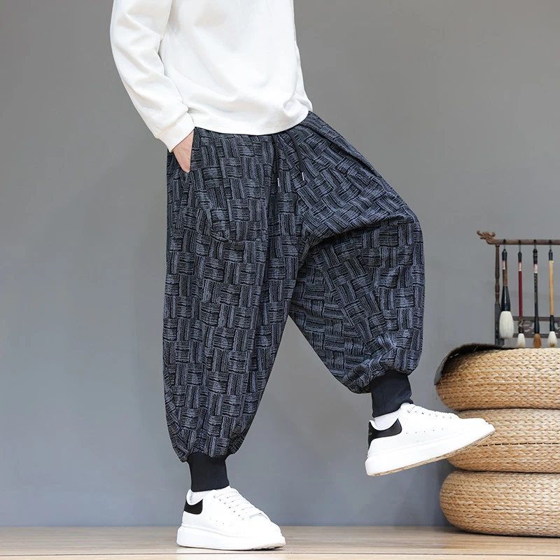 中国风印花休闲束脚长裤秋冬款灯芯绒灯笼裤宽松大码阔腿裤哈伦裤