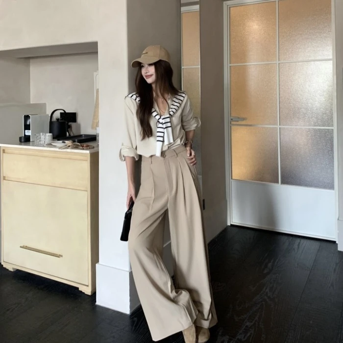 慵懒风百搭单排扣长袖衬衫女秋季新款宽松休闲阔腿裤长裤子两件套