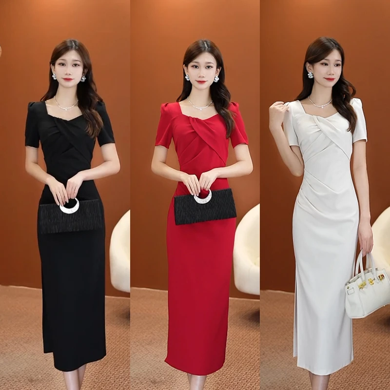 【文】设计感拼接连衣裙气质女夏季新款开叉显瘦遮肚子收腰2507