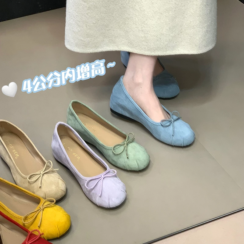 内增高蝴蝶结单鞋法式新款配裙子浅口绒面芭蕾舞鞋子