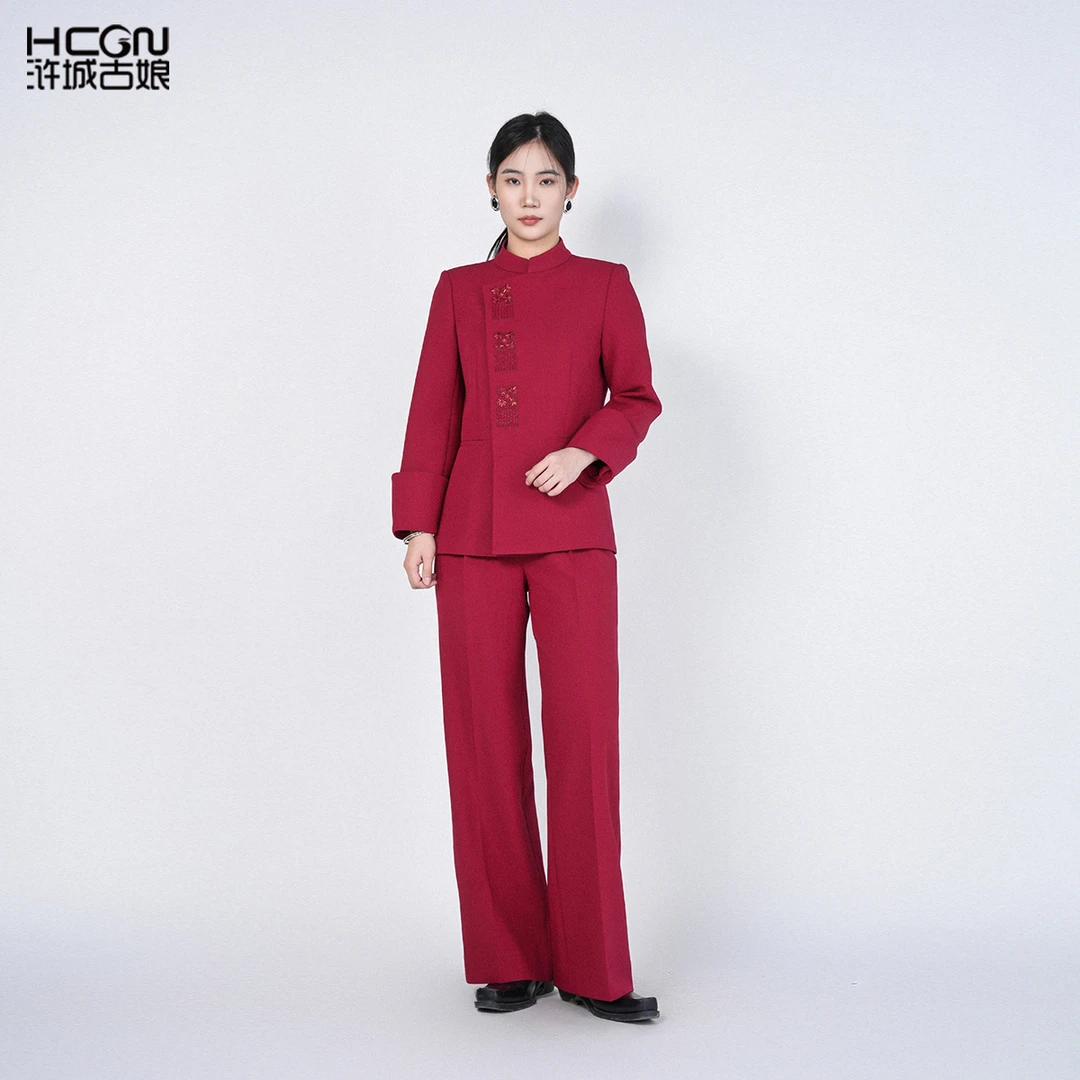 中式立领长袖刺绣百搭气质女商务星渊套装HASS180028+HASS090012