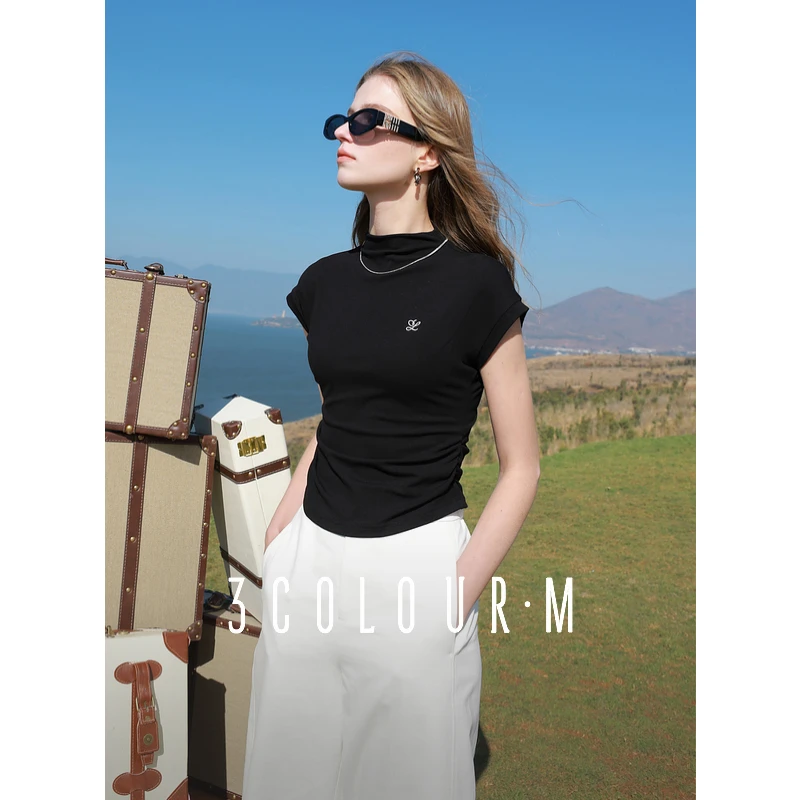 0587三彩2025春季新款修身立领短袖T恤绣花抽褶收腰简约套头dbc