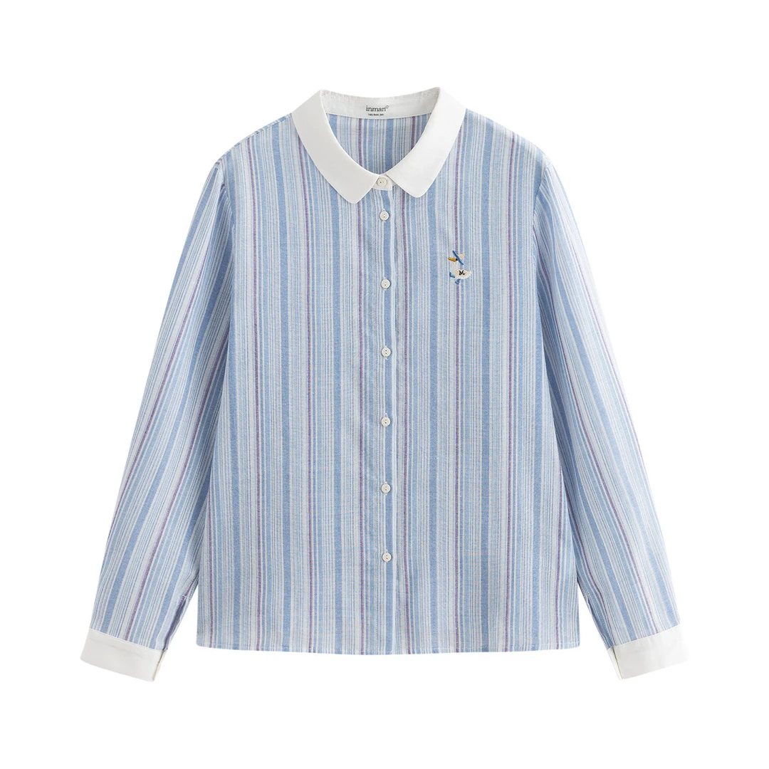 【年终狂欢购】茵曼25秋季文艺学院风条纹衬衣撞色翻领绣花宽松衬衫
