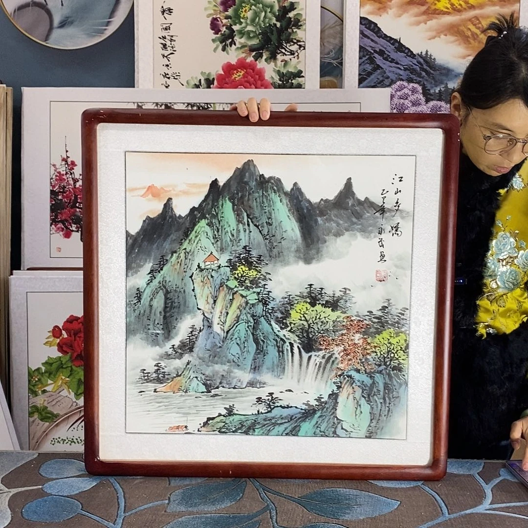 国画手写手绘国画作品带框包邮62✖️62