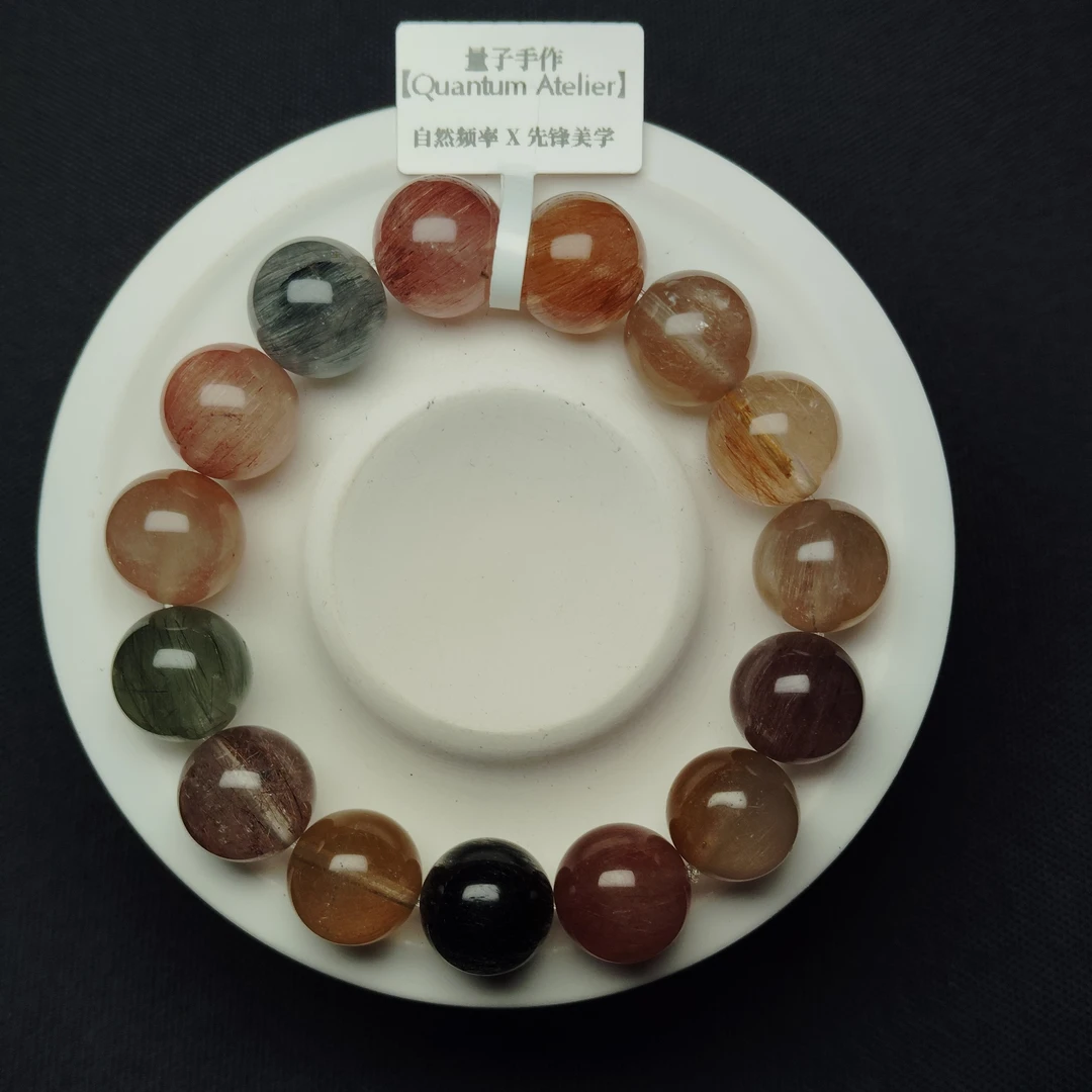 天然14mm彩兔毛水晶单圈手串