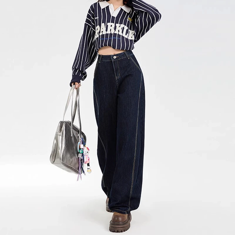 深蓝色阔腿牛仔裤女2025春秋季新款高腰宽松显瘦百搭垂感拖地裤子