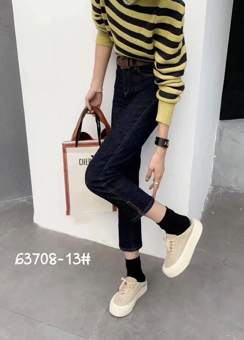 丹宁蓝夏季小个子大码设计感高腰弹力显瘦烟管裤