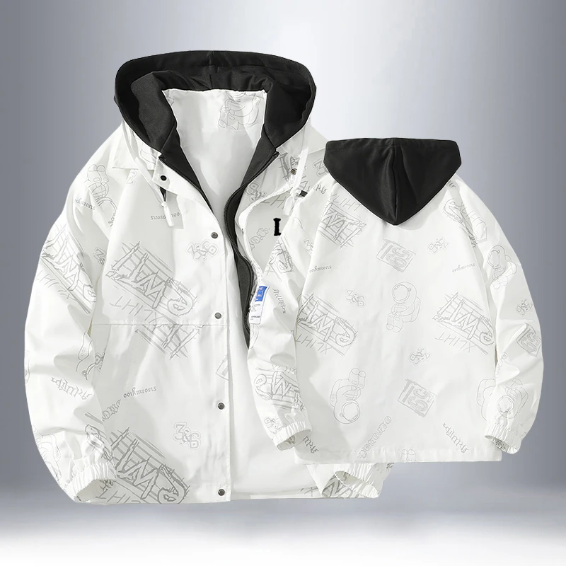 潮牌假两件外套男士青少年学生春季百搭休闲连帽风衣夹克