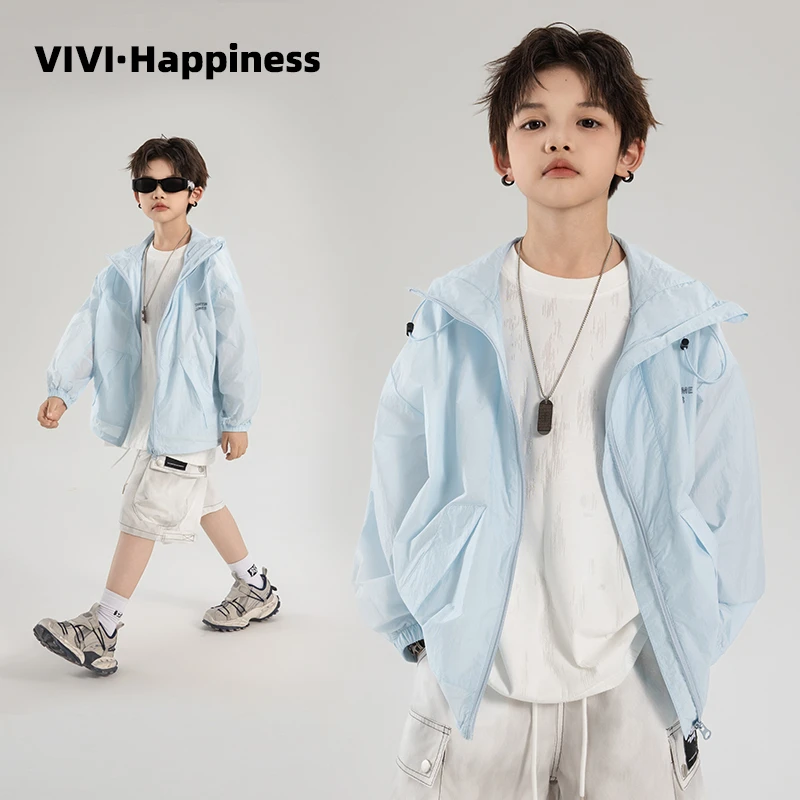 VIVI童装夏季潮牌中大童水蓝色薄款透气连帽运动防晒拉链男童外套
