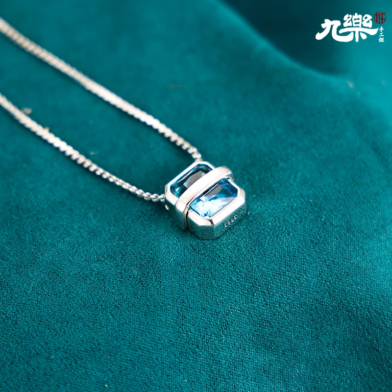 九乐 坠链均925银合成锆石 深邃蓝锆平板项链