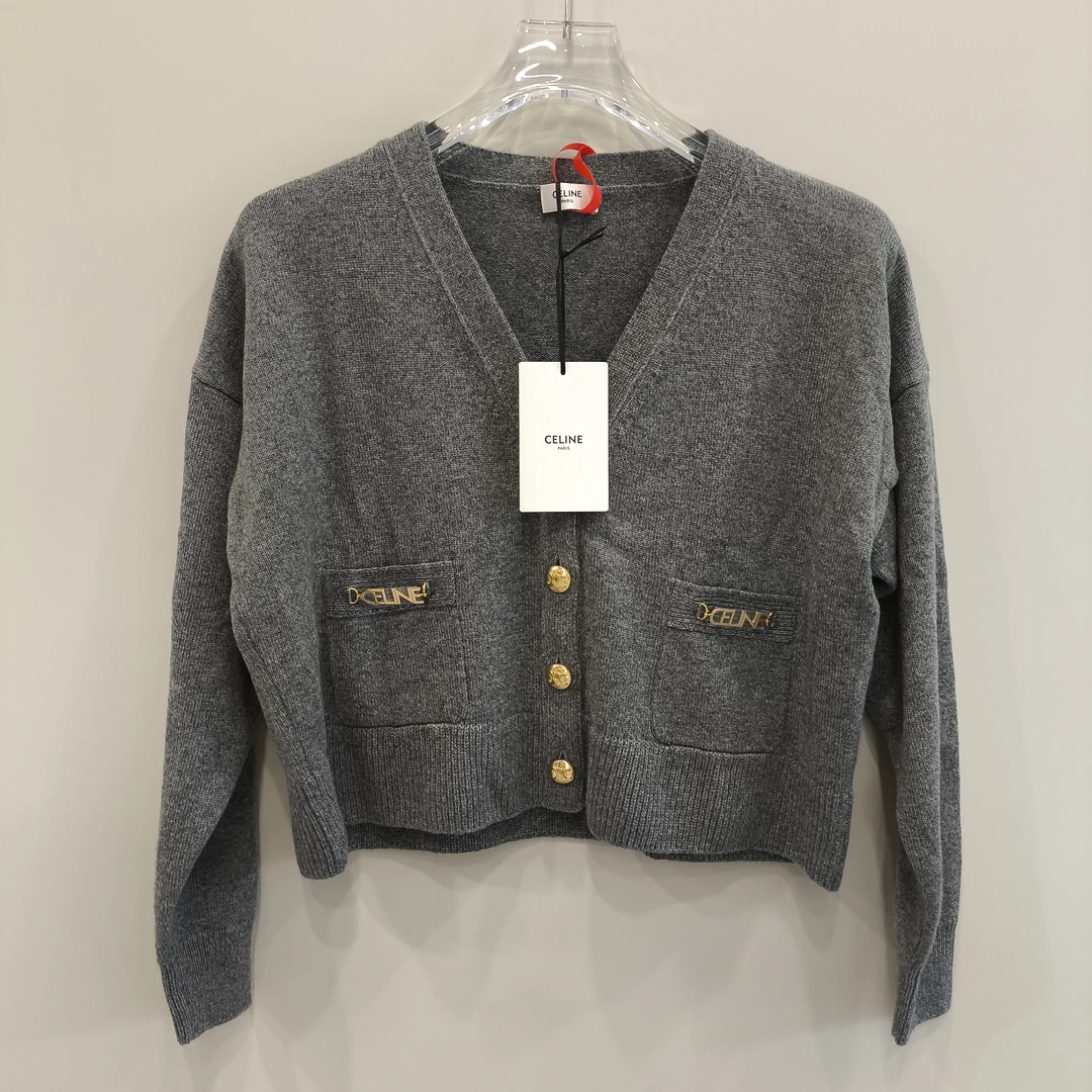 全新未使用 Celine/思琳 S纯色V领纽扣短款针织衫 尺码XS BB01032