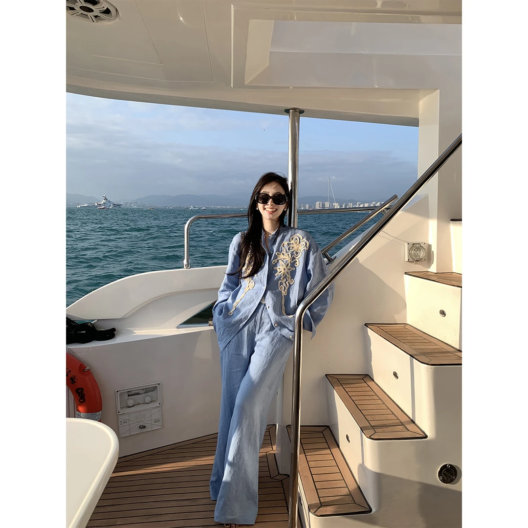 夏诗文 全亚麻高腰阔腿长裤女春夏