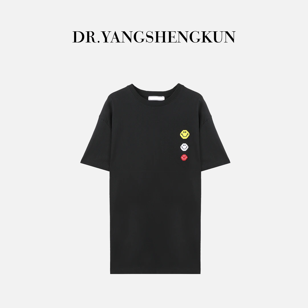 DR杨圣坤2025夏新款潮流笑脸刺绣纯棉短袖宽松百搭T恤GF2502-1102
