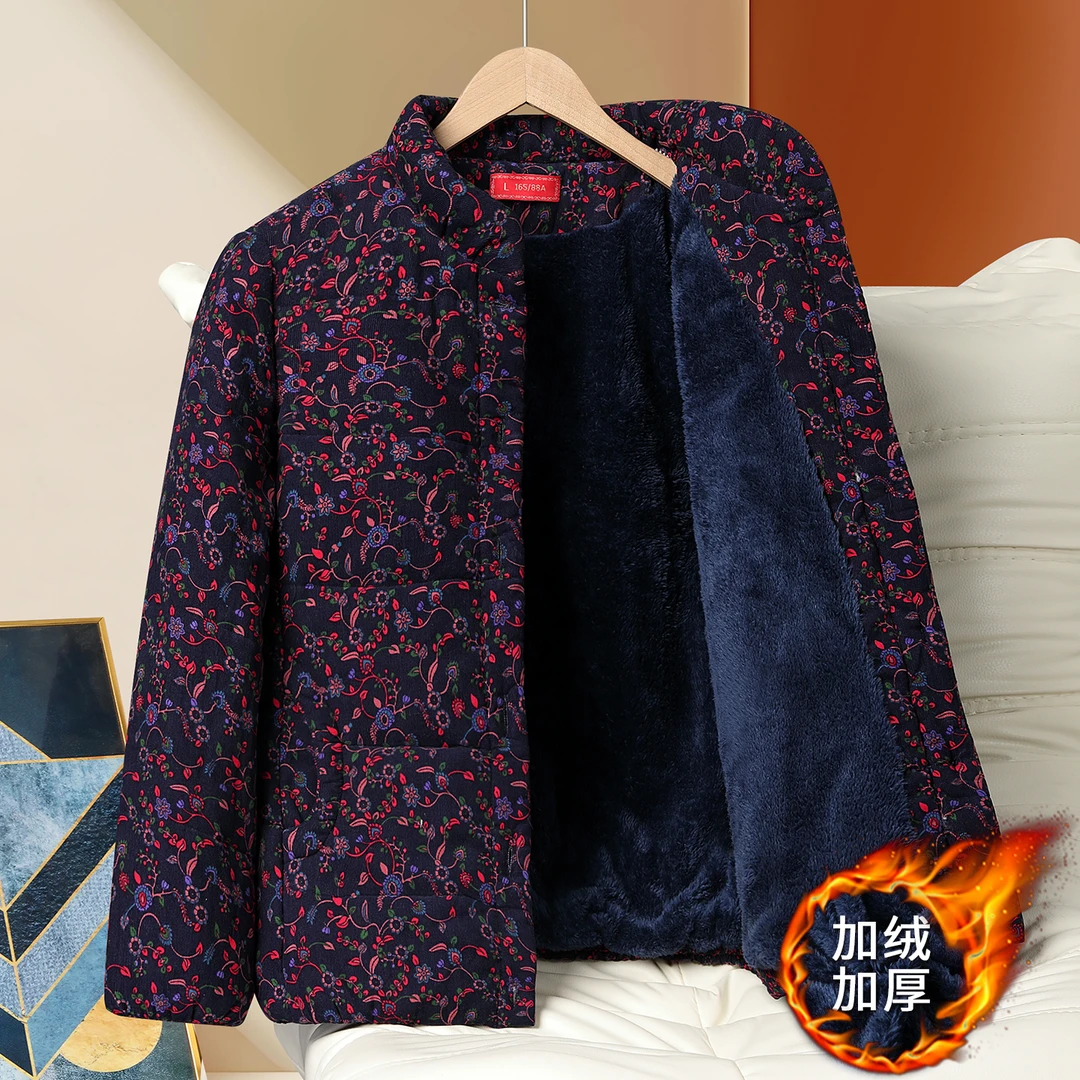 灯芯绒纯棉加绒加厚棉服老年人冬装全棉棉袄奶奶装冬季棉衣老太太