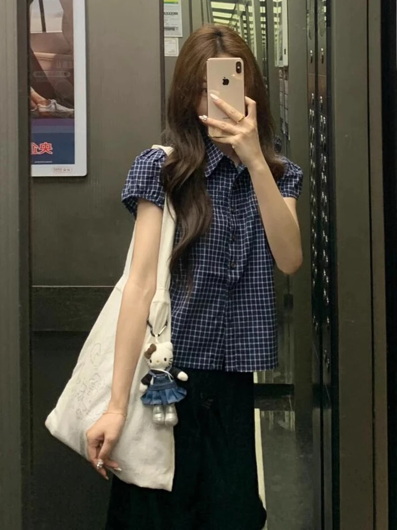 通勤穿搭短袖格子衬衫女装夏季超好看独特漂亮上衣气质2025年新款