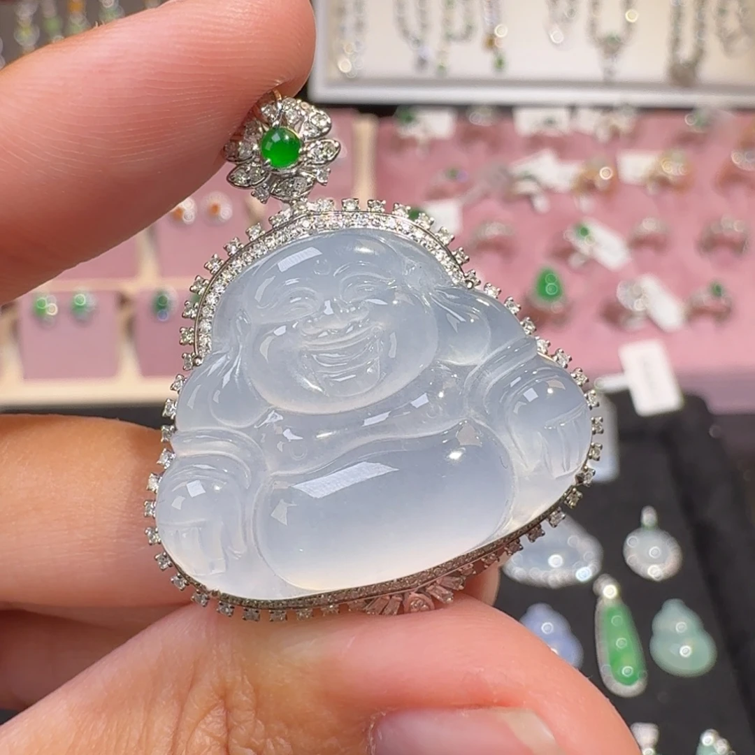 翡翠18K金镶嵌颈饰纯天然缅甸翡翠A货佛公