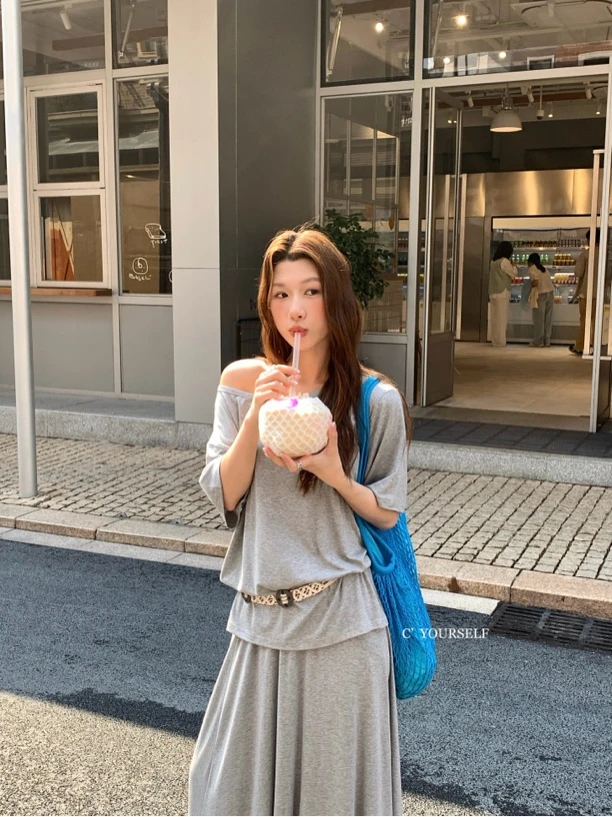 福秒-简约气质套装、轻薄斜肩短袖T+垂坠感半裙+腰带（CY508#）CY