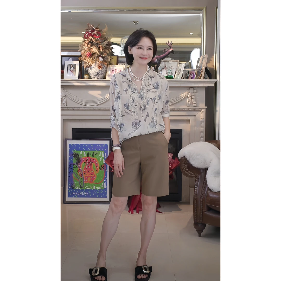 我是摩羯 莫奈花园 抽褶木耳边百搭印花天丝秋衬衫休闲上衣