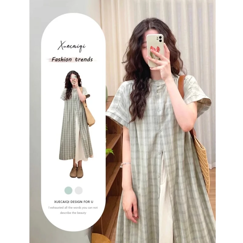 温柔文艺复古衬衫裙中长款宽松立领小个子气质短袖格纹排扣连衣裙