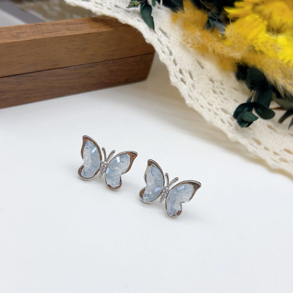 铜合金仿水晶耳饰 银针 02752 好啊商店 水J蝴蝶耳钉-蓝色