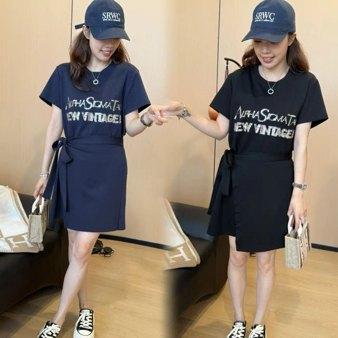 二姐的宝藏假两件A字裙系带气质收腰高腰连衣裙短袖字母#25137