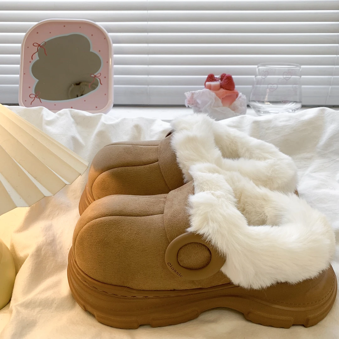 初雪小奶驼~！巨厚加绒外穿毛毛棉拖鞋女冬季厚底保暖防滑雪地靴